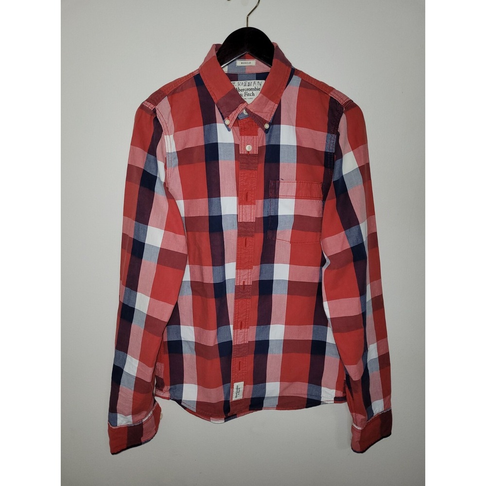 VTG Abercrombie & Fitch Men Large Flannel Plaid Muscle Shirt Y2K Preppy Red/Blue